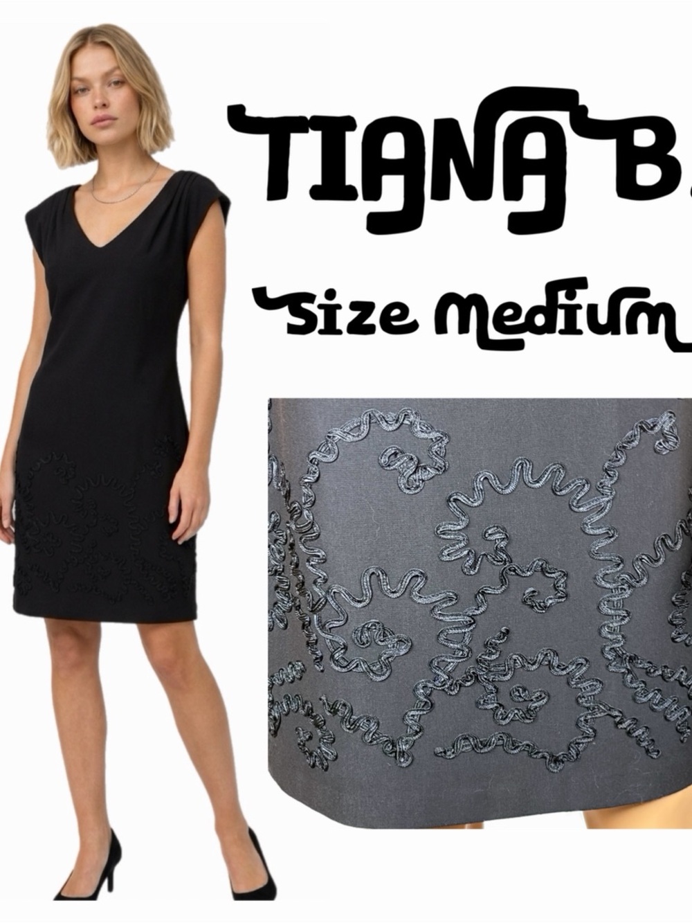 TIANA B. Black Floral Ribbon Appliqué V Neck Shift Dress Medium